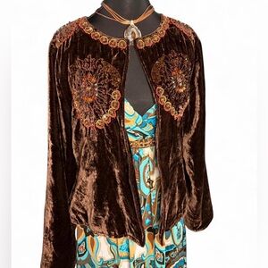 Saint Tropez West Brown Velvet overcoat w/ blue, orange,& gold beaded accents